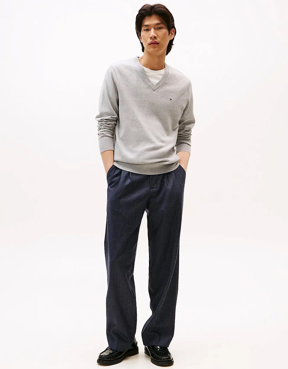 Pima Organic Cotton Mens Cashmere V-Neck Jumper - Light Grey Heather