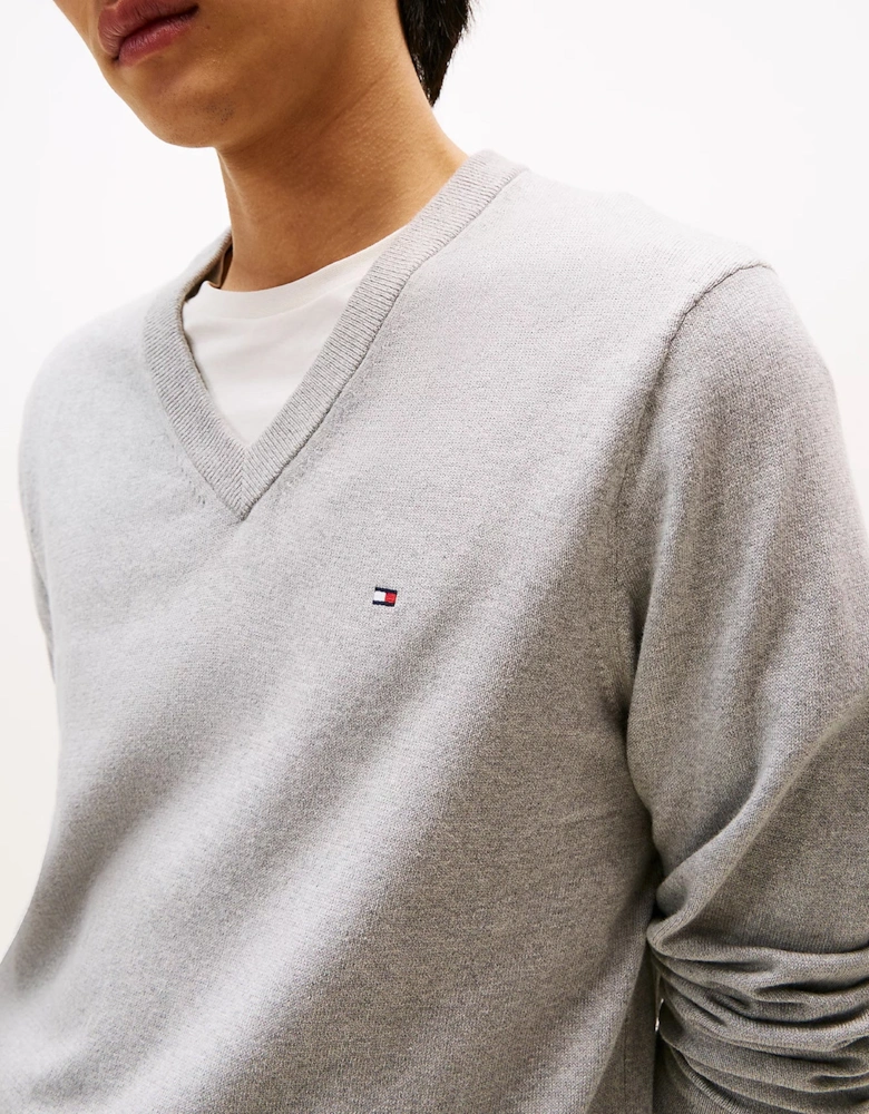 Pima Organic Cotton Mens Cashmere V-Neck Jumper - Light Grey Heather