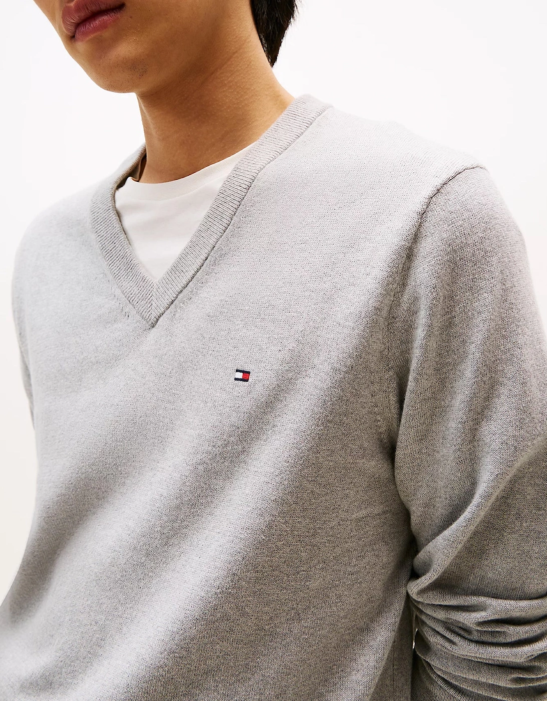 Pima Organic Cotton Mens Cashmere V-Neck Jumper - Light Grey Heather