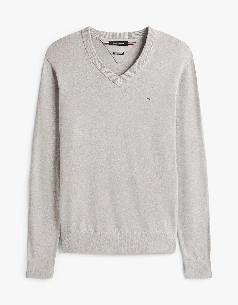 Pima Organic Cotton Mens Cashmere V-Neck Jumper - Light Grey Heather