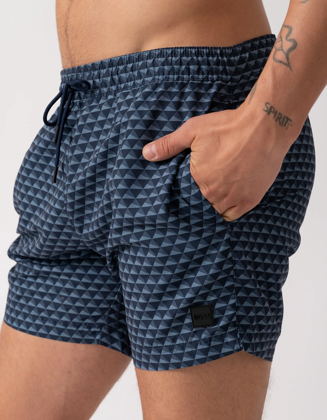 BOSS Orange Vibe Mens Logo-Label Swim Shorts with Seasonal Pattern - Navy 414