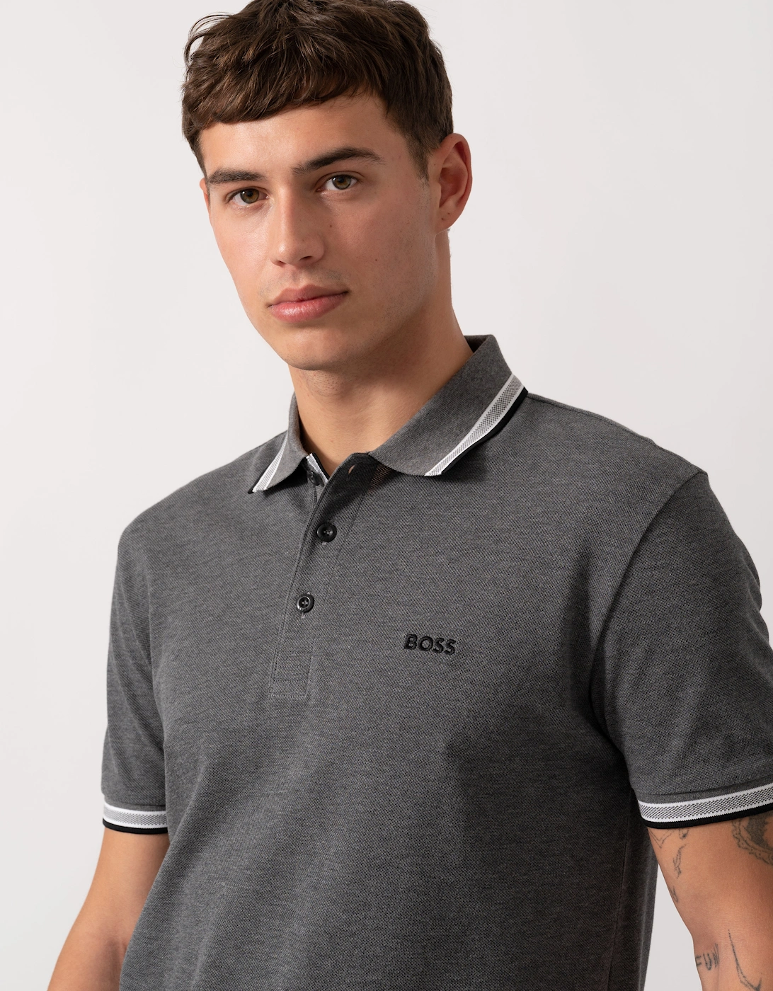 BOSS Green Paddy Mens Cotton-Piqué Polo Shirt with Contrast Logo - Medium Grey 034