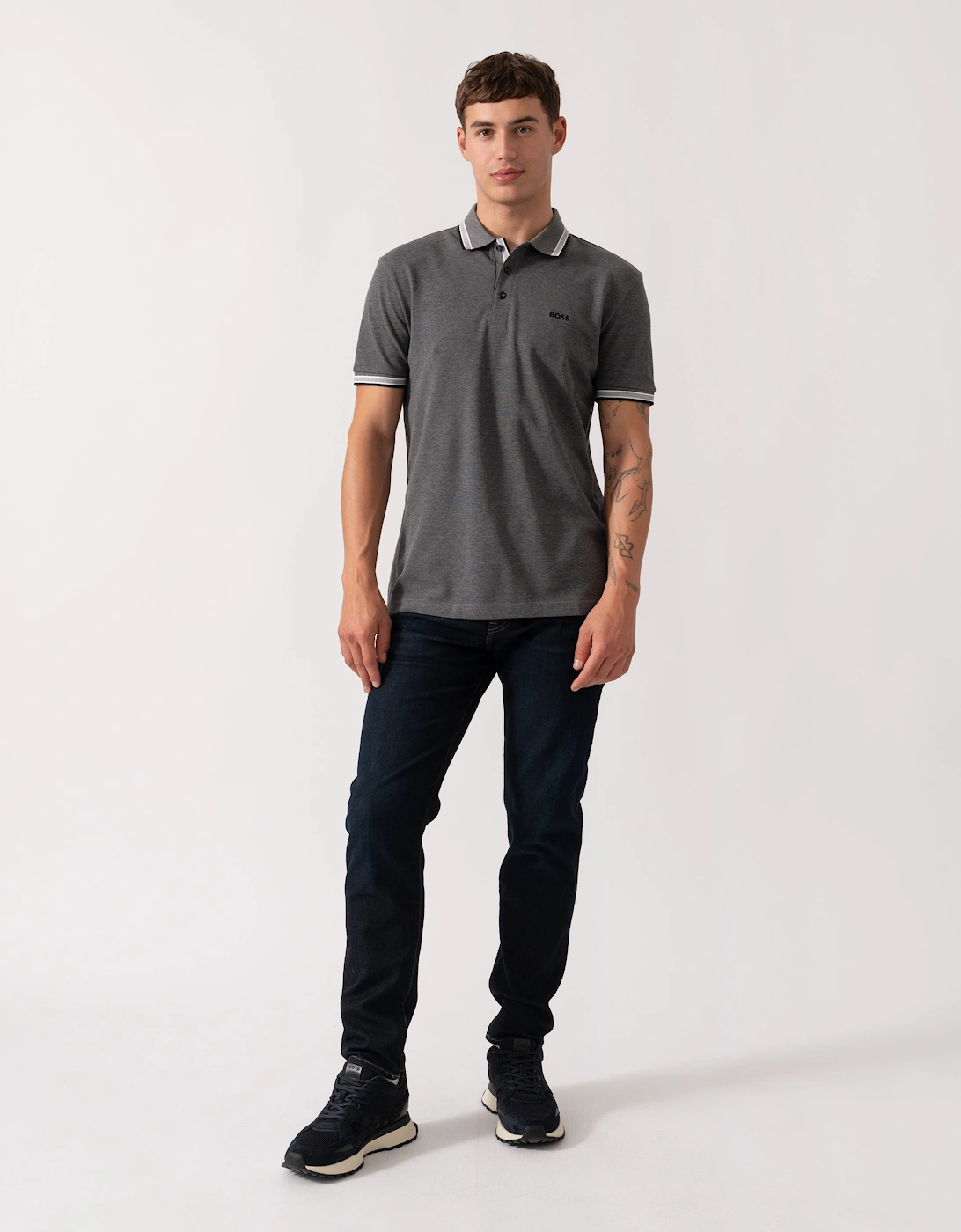 BOSS Green Paddy Mens Cotton-Piqué Polo Shirt with Contrast Logo - Medium Grey 034