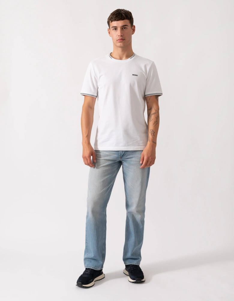 BOSS Green Taul Mens Stretch-Cotton T-Shirt with Stripes and Logo - White 100