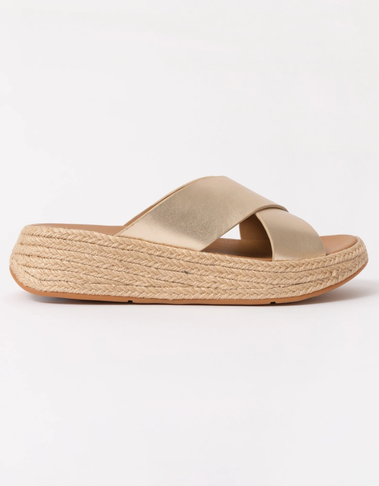 Womens F-Mode Espadrille Leather Flatform Cross Slides - Platino 675