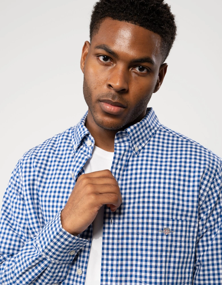 Mens Regular Fit Long Sleeve Poplin Gingham Shirt - 436 College Blue