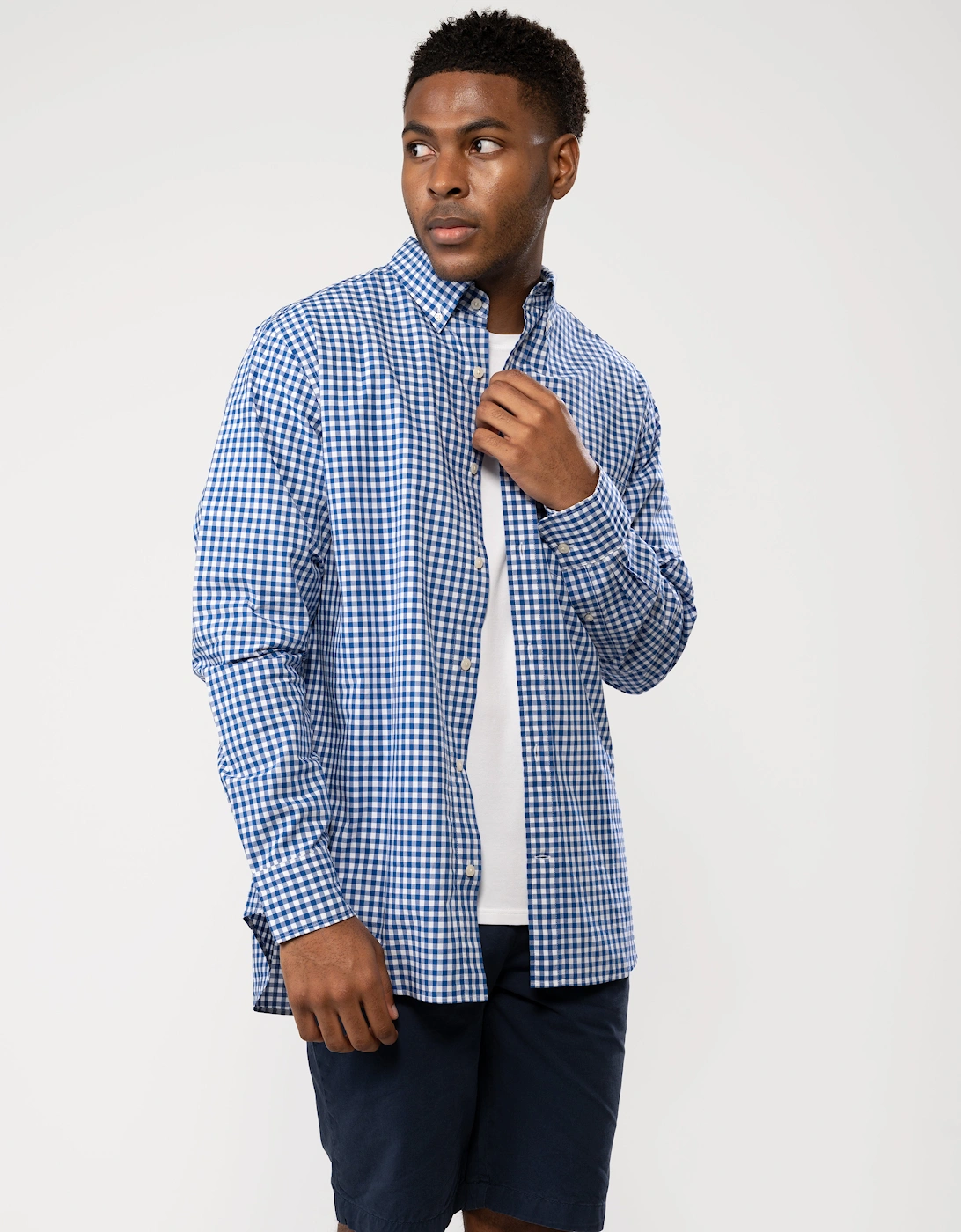 Mens Regular Fit Long Sleeve Poplin Gingham Shirt - 436 College Blue