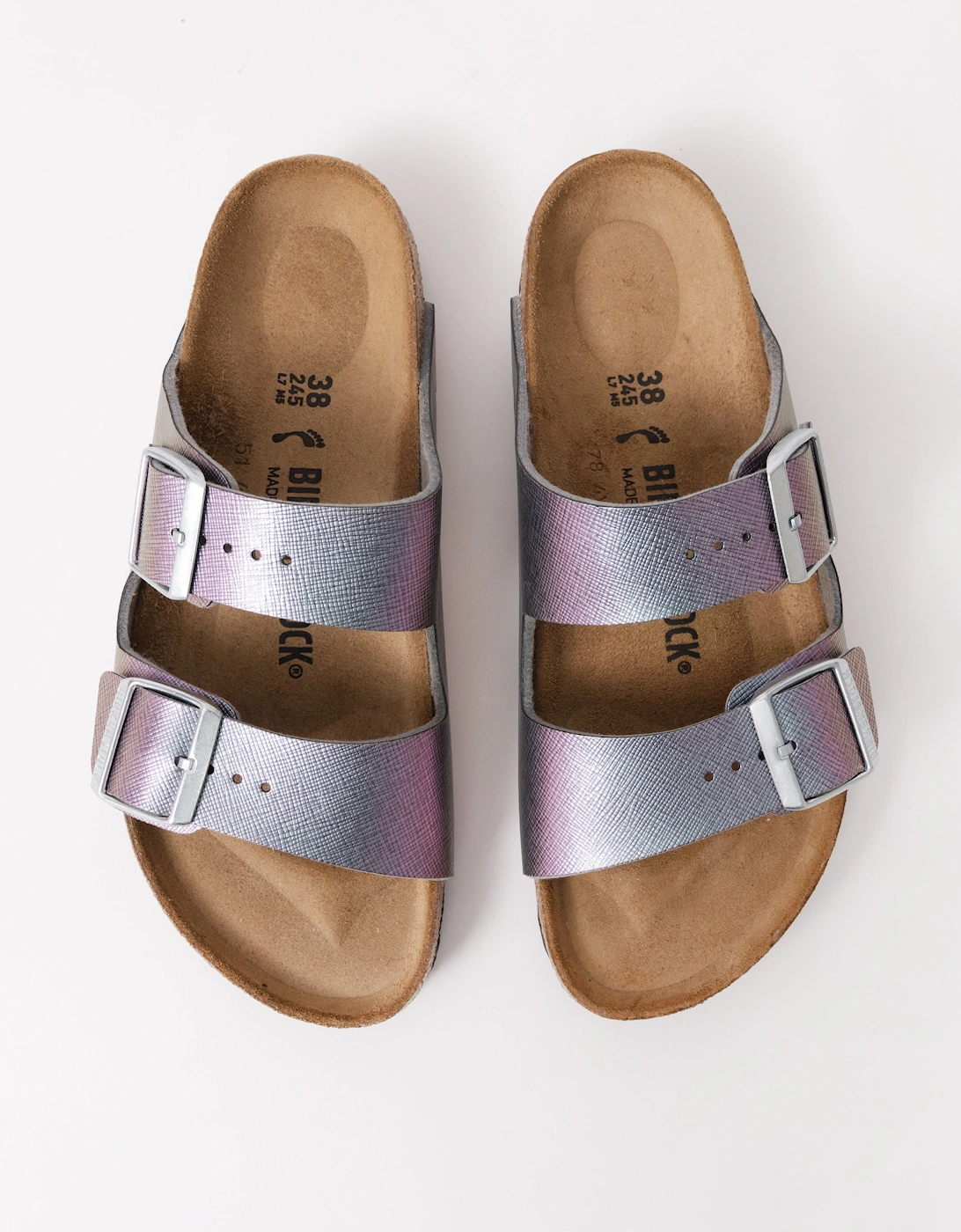 Embossed Birko-Flor Womens Sandals - Saffiano Iridescent Viola