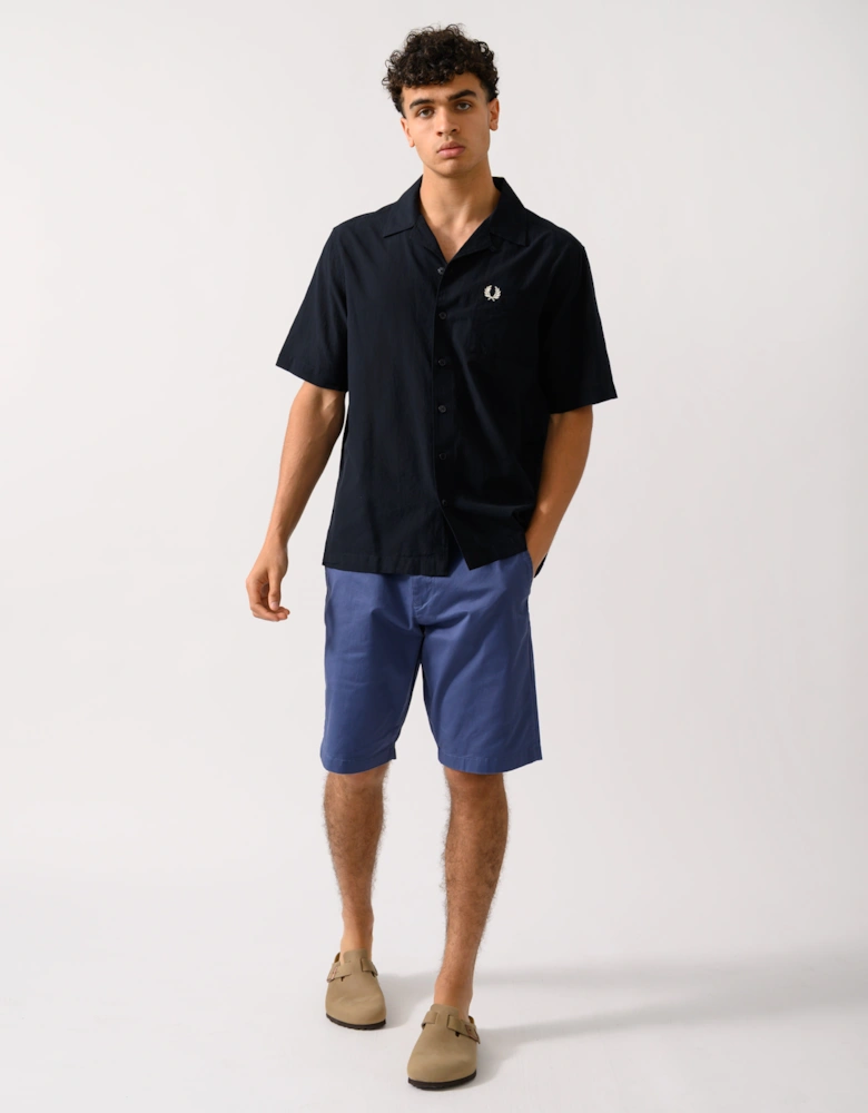 Mens Lightweight Texture Revere Collar Short Sleeve Shirt - Navy 795