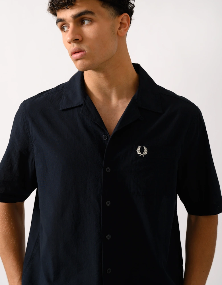 Mens Lightweight Texture Revere Collar Short Sleeve Shirt - Navy 795