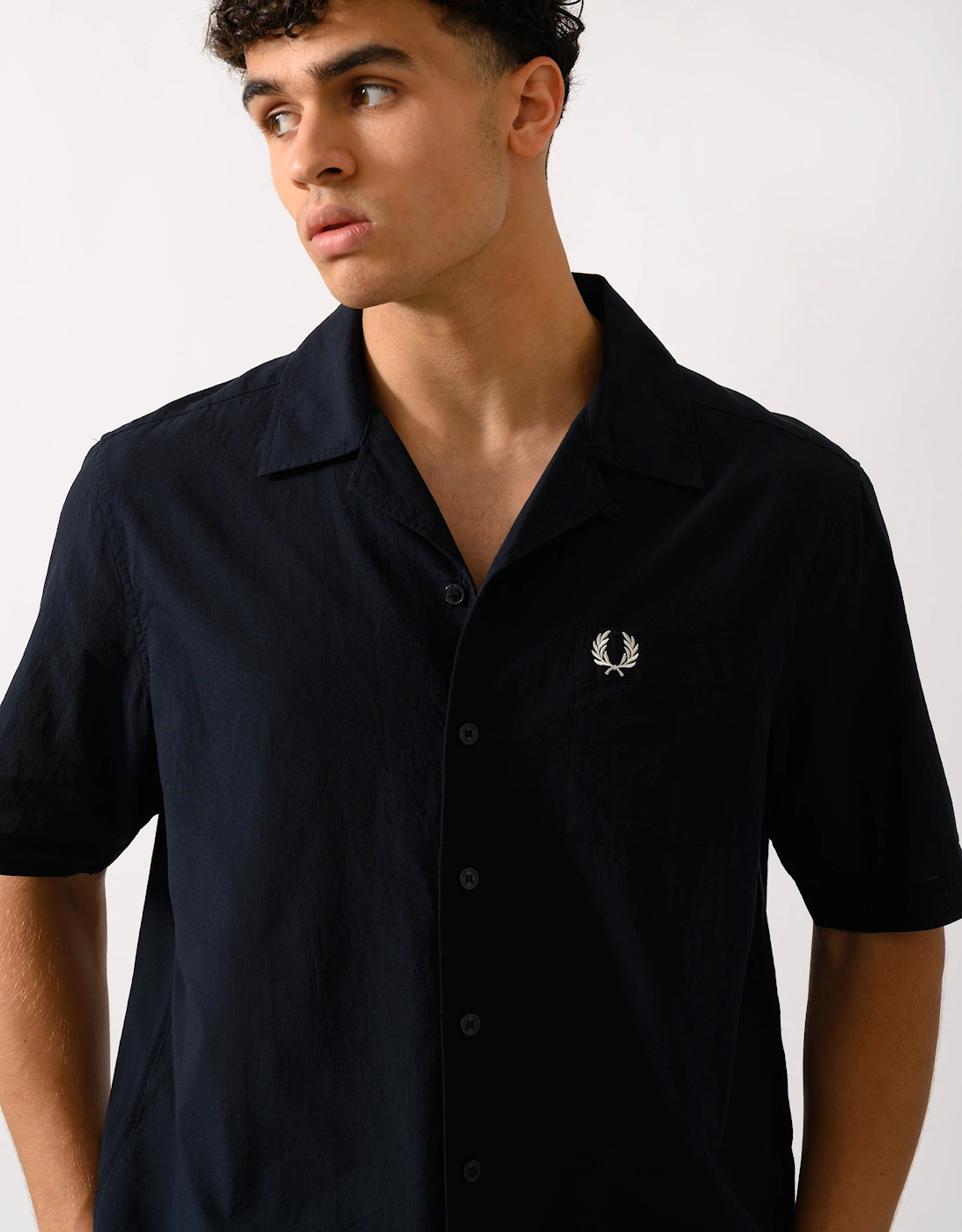 Mens Lightweight Texture Revere Collar Short Sleeve Shirt - Navy 795
