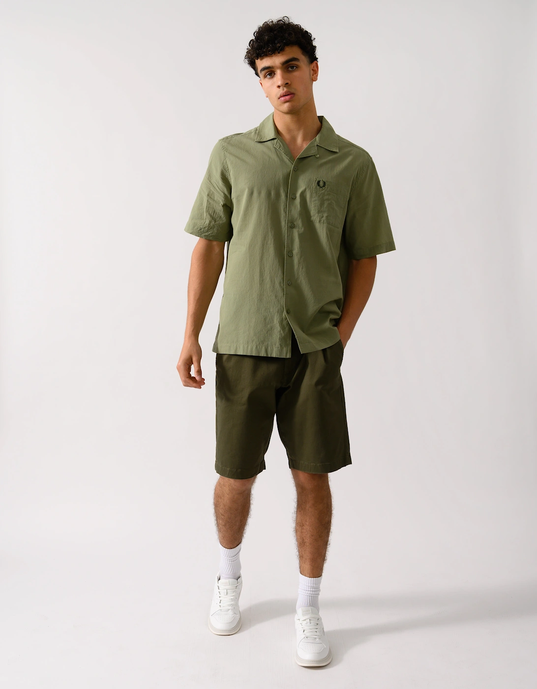 Mens Lightweight Texture Revere Collar Short Sleeve Shirt - Olive Mint X88