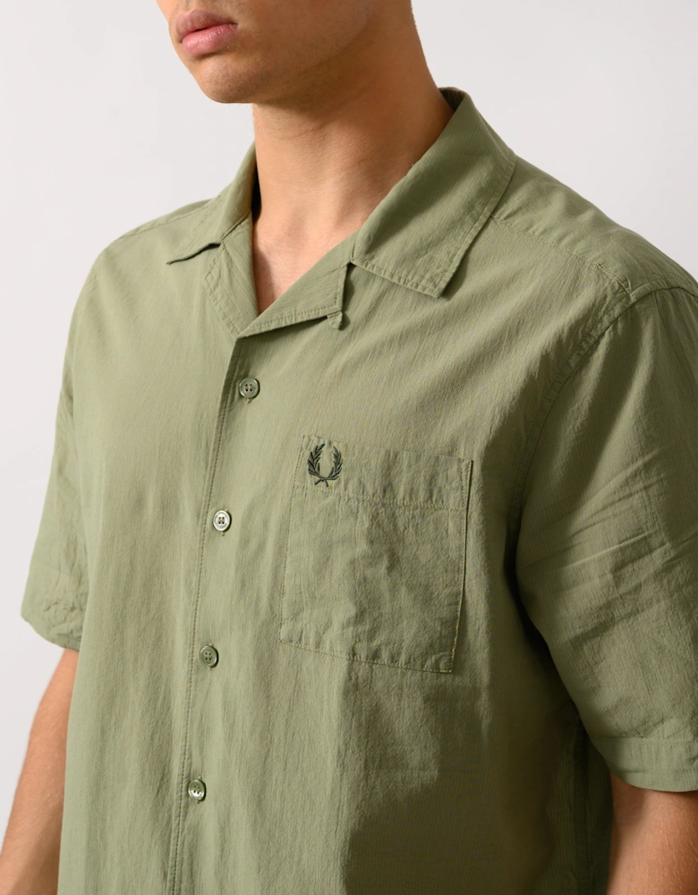 Mens Lightweight Texture Revere Collar Short Sleeve Shirt - Olive Mint X88