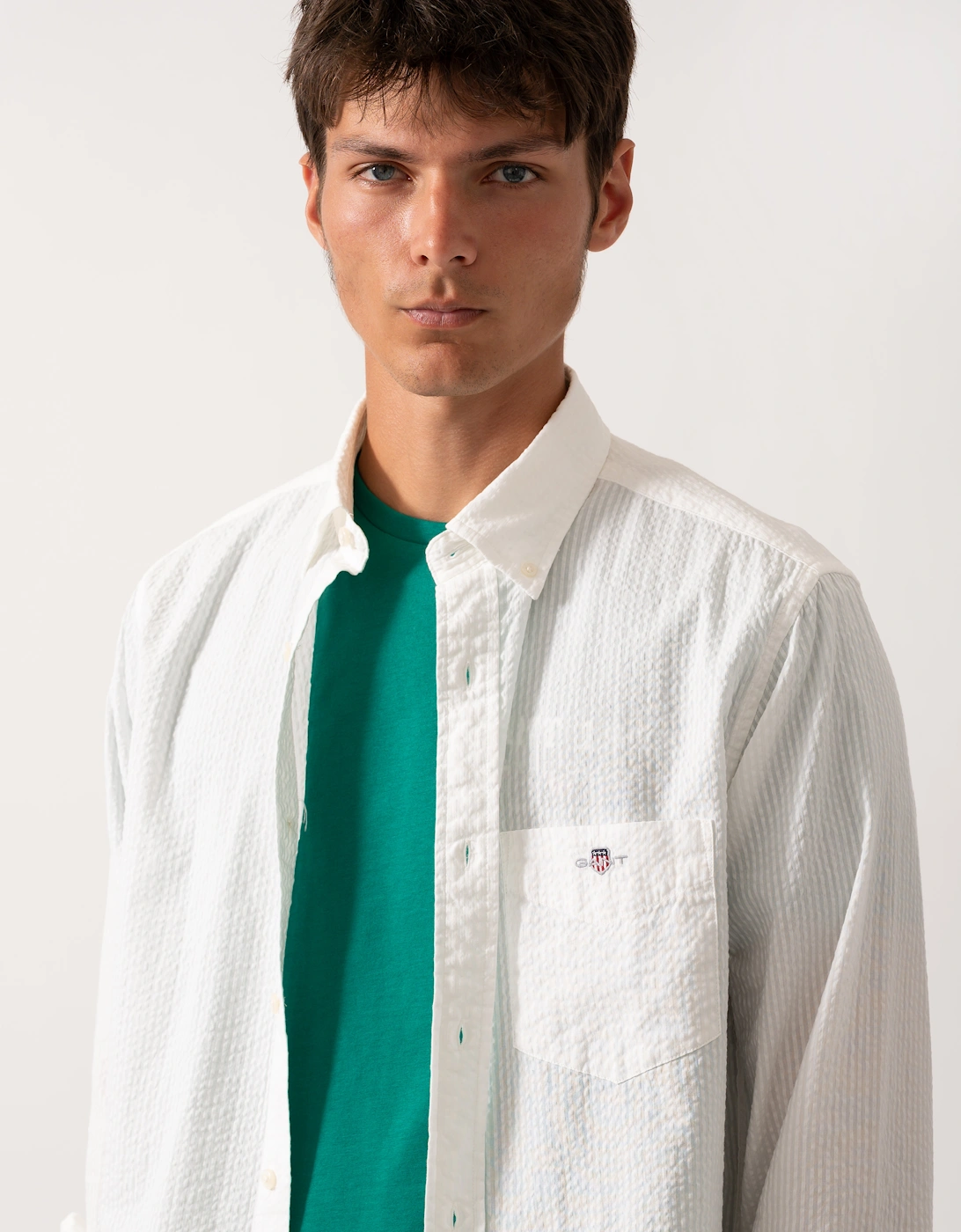 Mens Regular Fit Solid Seersucker Shirt - 113 Eggshell