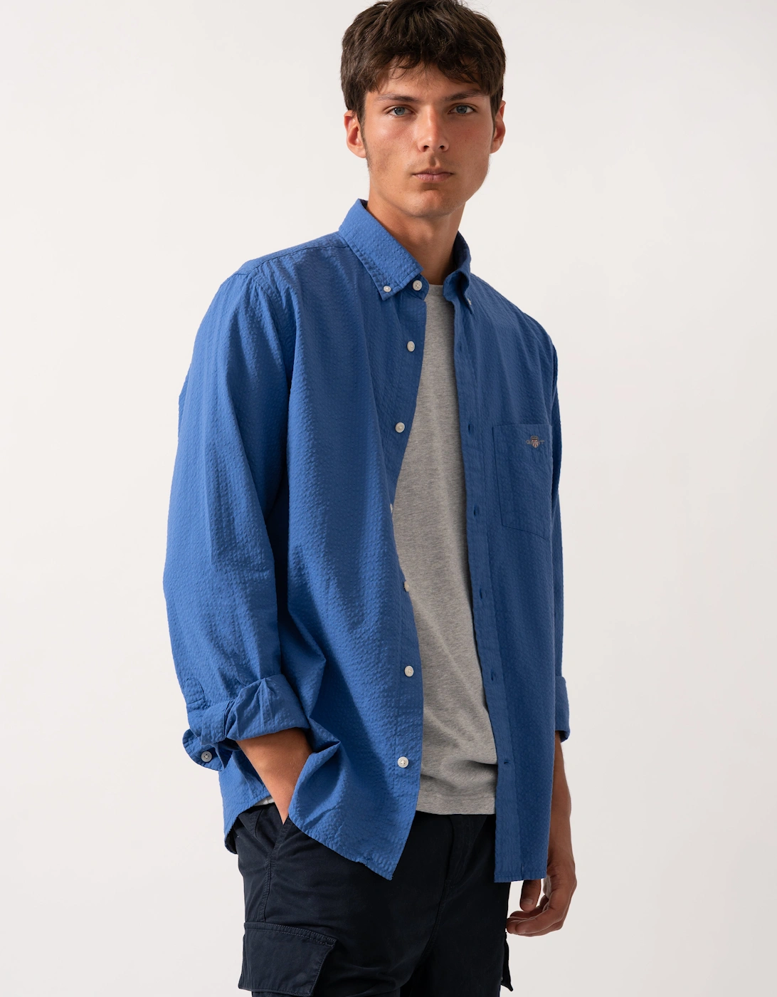 Mens Regular Fit Solid Seersucker Shirt - 407 Rich Blue