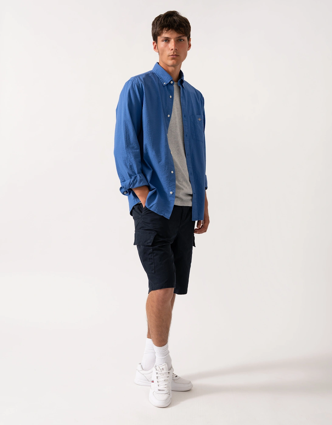 Mens Regular Fit Solid Seersucker Shirt - 407 Rich Blue