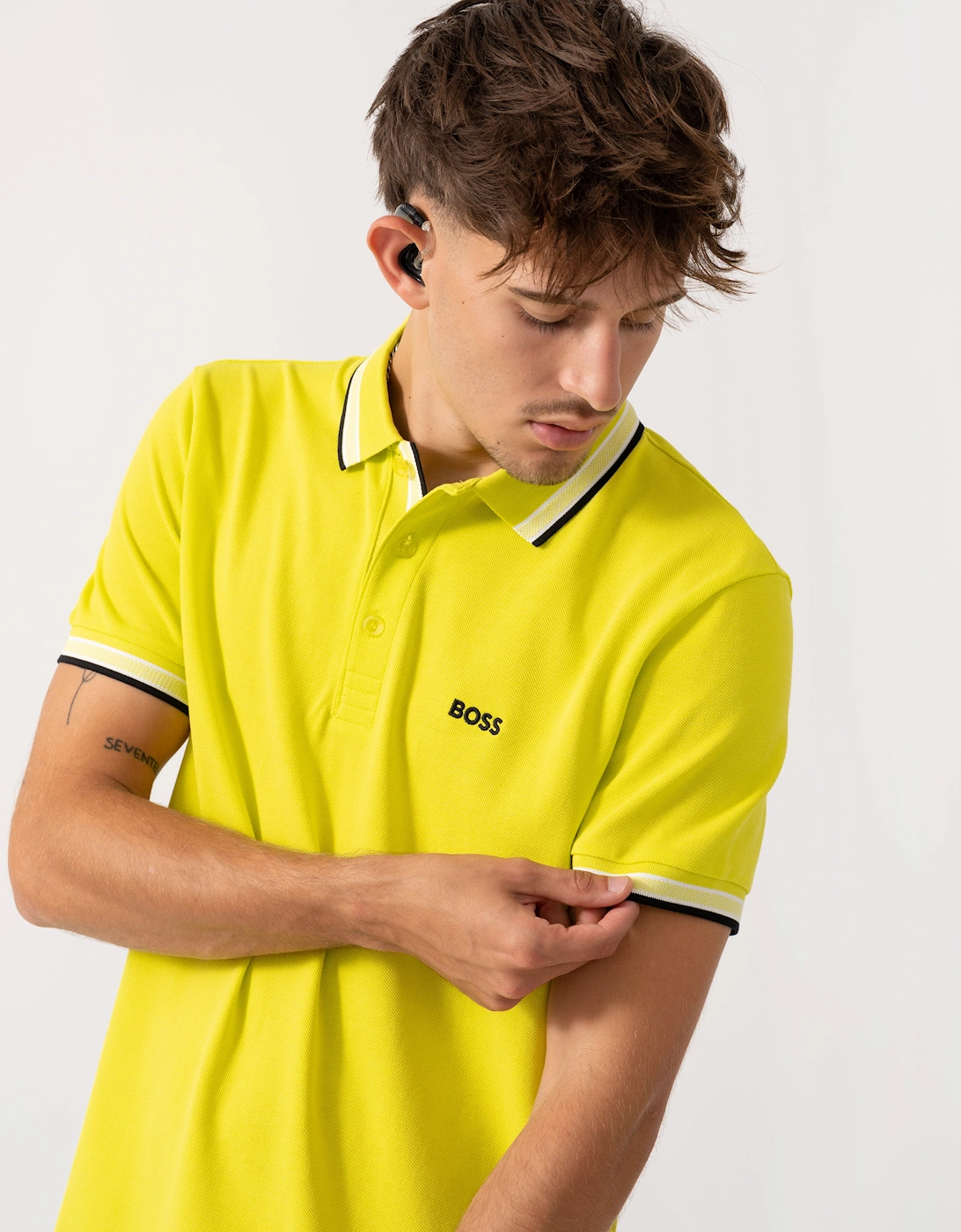 BOSS Green Paddy Mens Cotton-Piqué Polo Shirt with Contrast Logo - Bright Yellow 732
