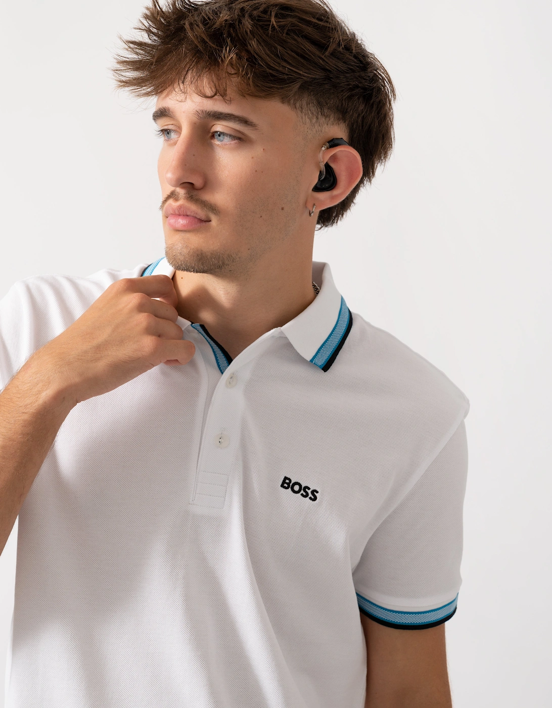 BOSS Green Paddy Mens Cotton-Piqué Polo Shirt with Contrast Logo - Open White 113