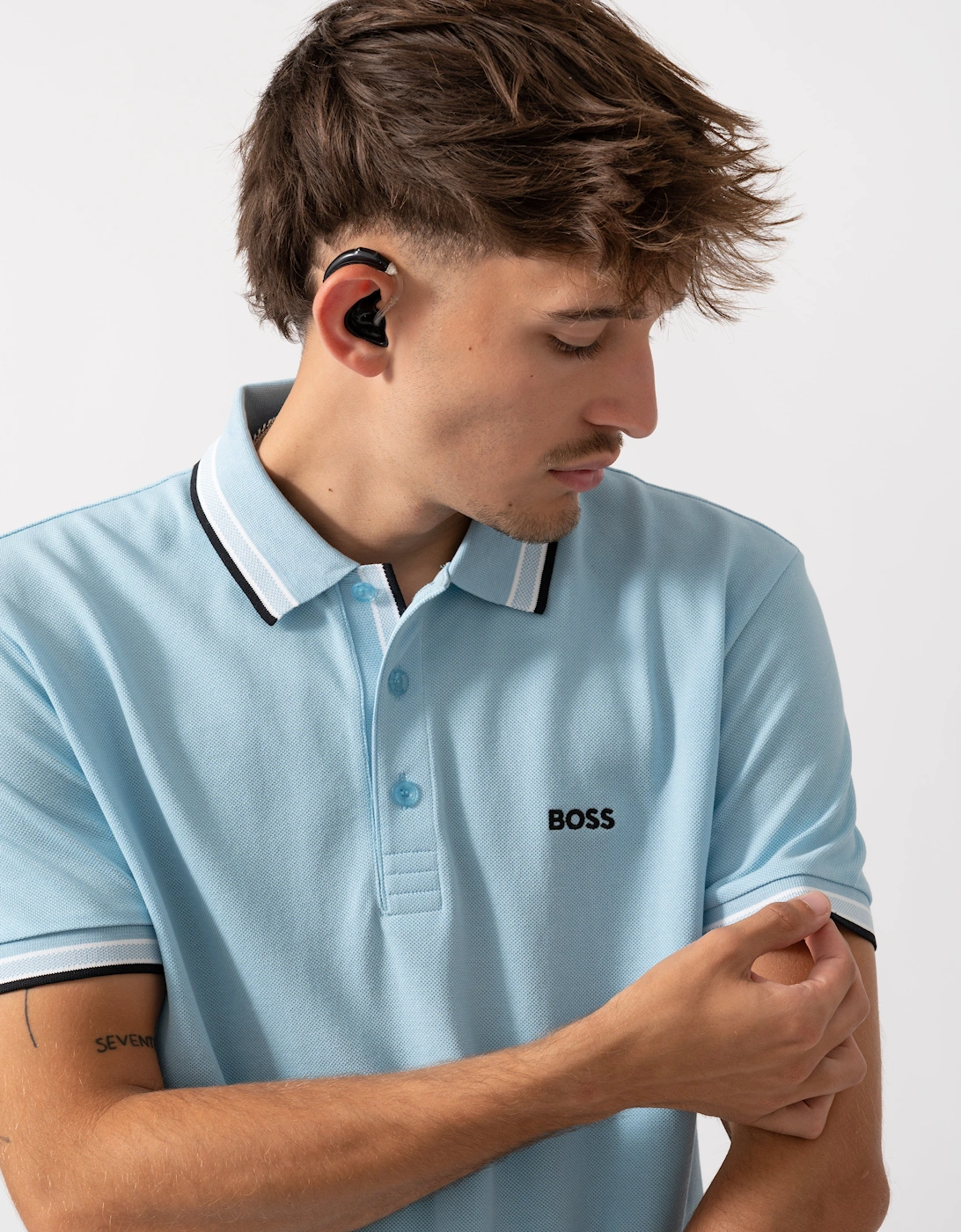 BOSS Green Paddy Mens Cotton-Piqué Polo Shirt with Contrast Logo - Light/Pastel Blue 455