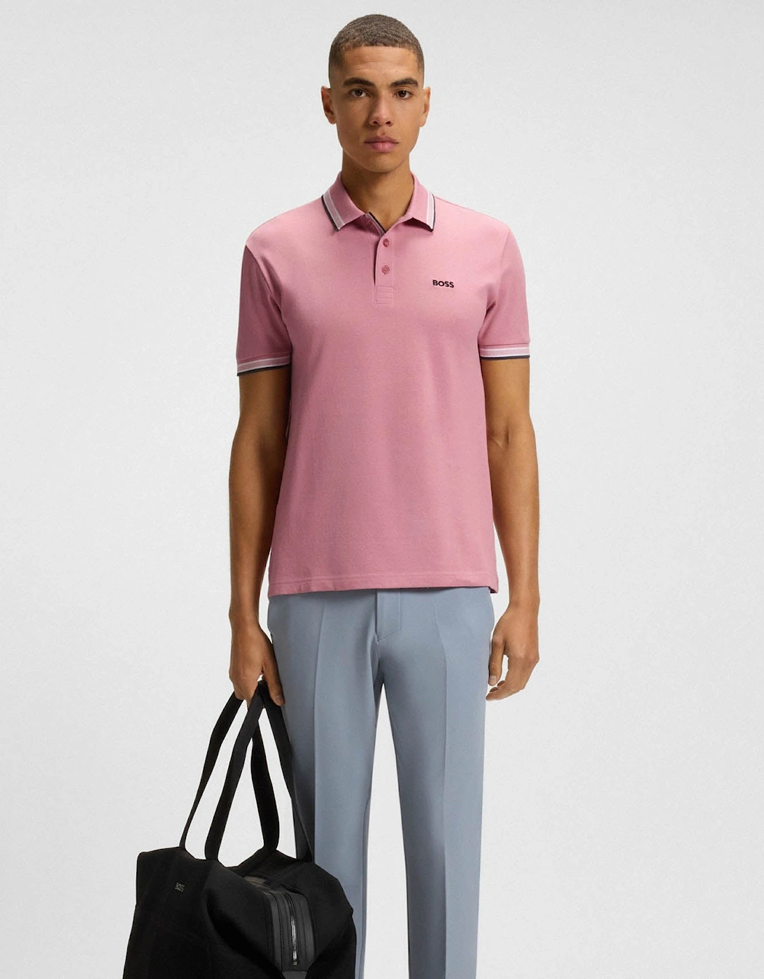 BOSS Green Paddy Mens Cotton-Piqué Polo Shirt with Contrast Logo - Open Pink 696