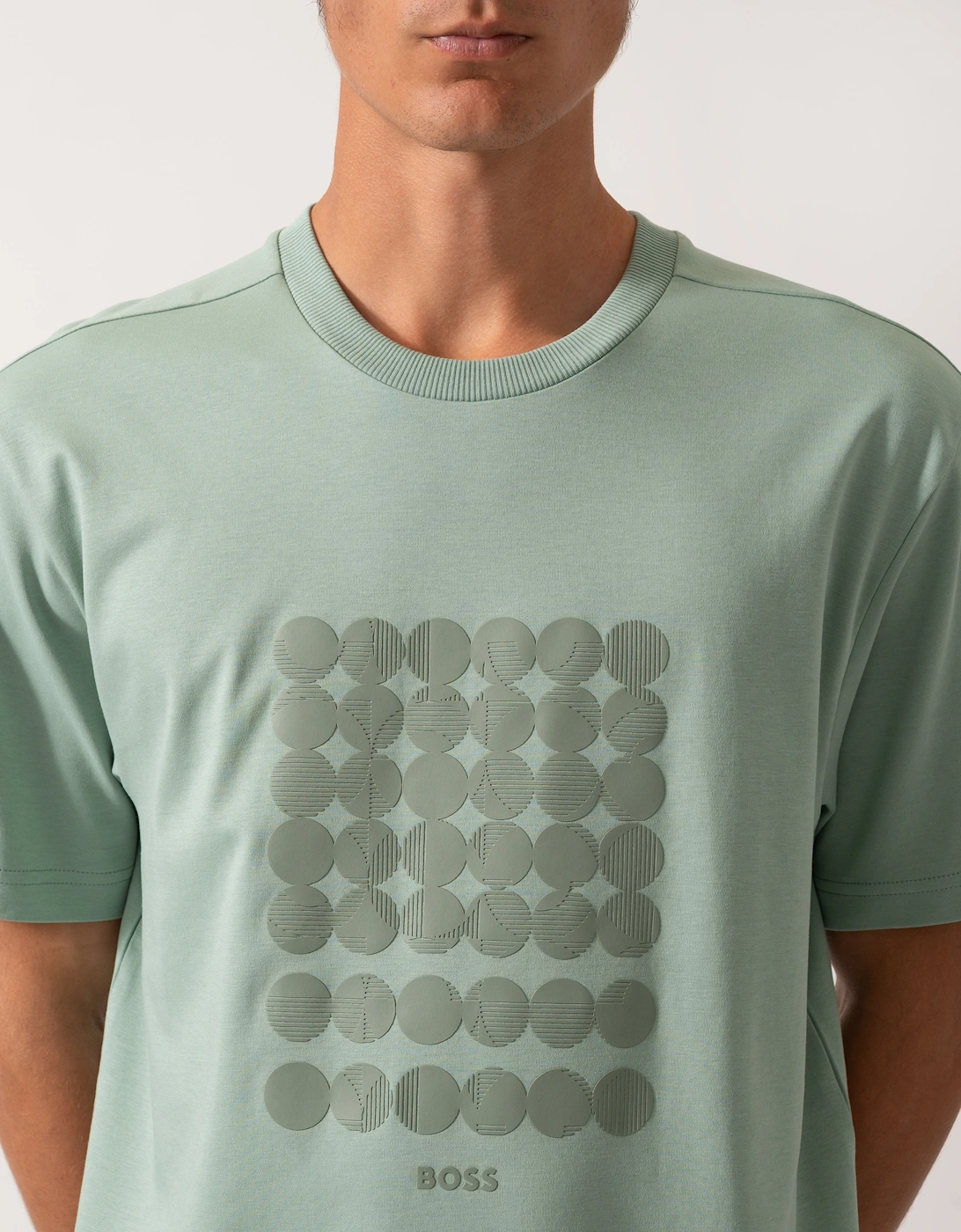BOSS Green Tee Mens Interlock-Cotton T-Shirt with Circle Artwork - Open Green 357