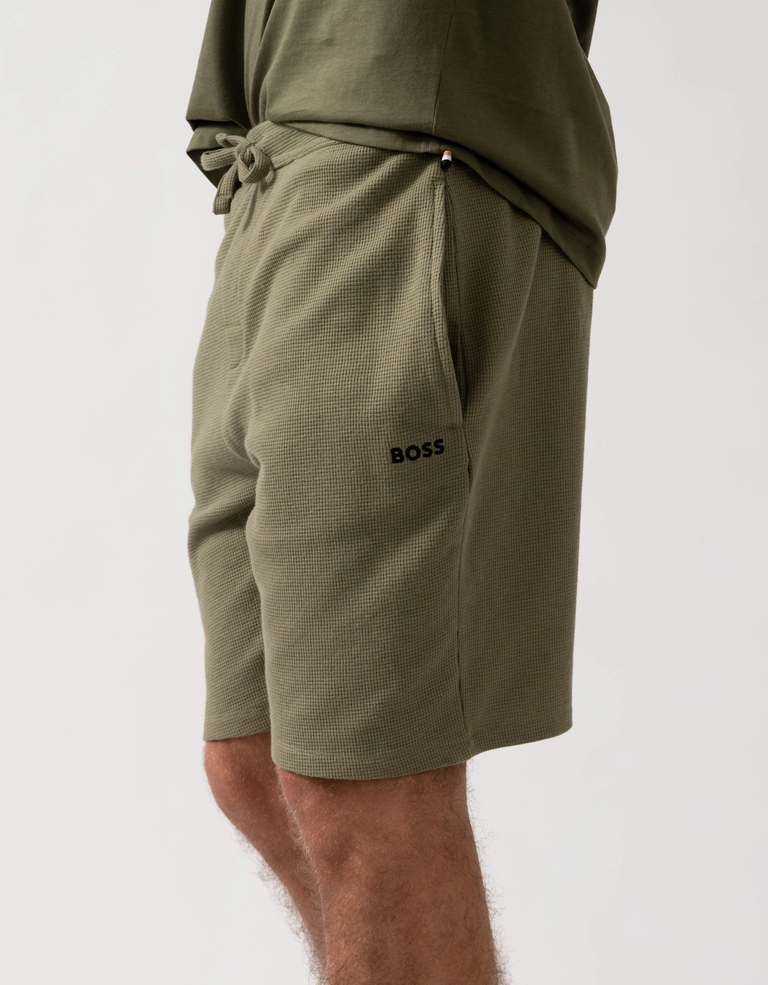 BOSS Orange Waffle Mens Cotton Blend Waffle Structure Pyjama Shorts with Embroidered Logo - Open Green 349