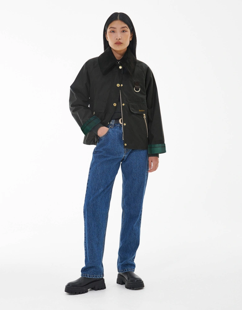 Catton Womens Wax Jacket - Black/Black/Sage Tartan