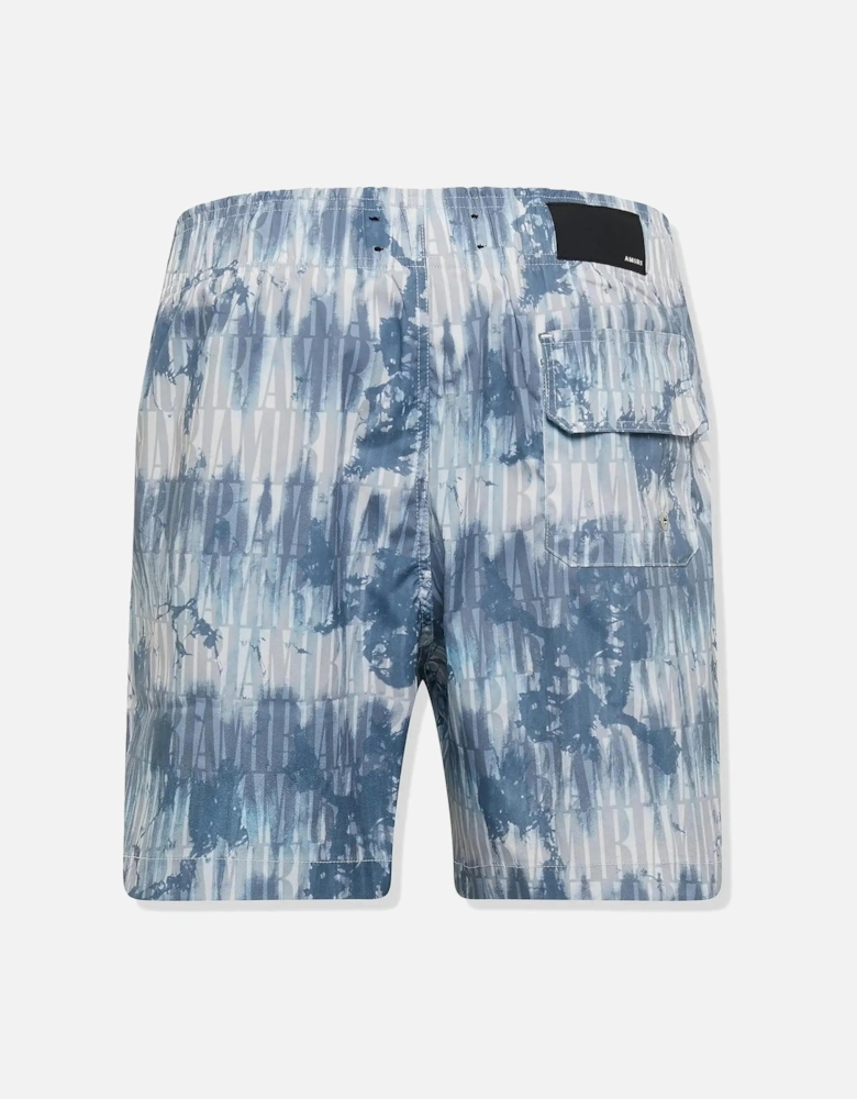 AMIRI TIE DYE ALL OVER LOGO SWIM SHORTS BLUE