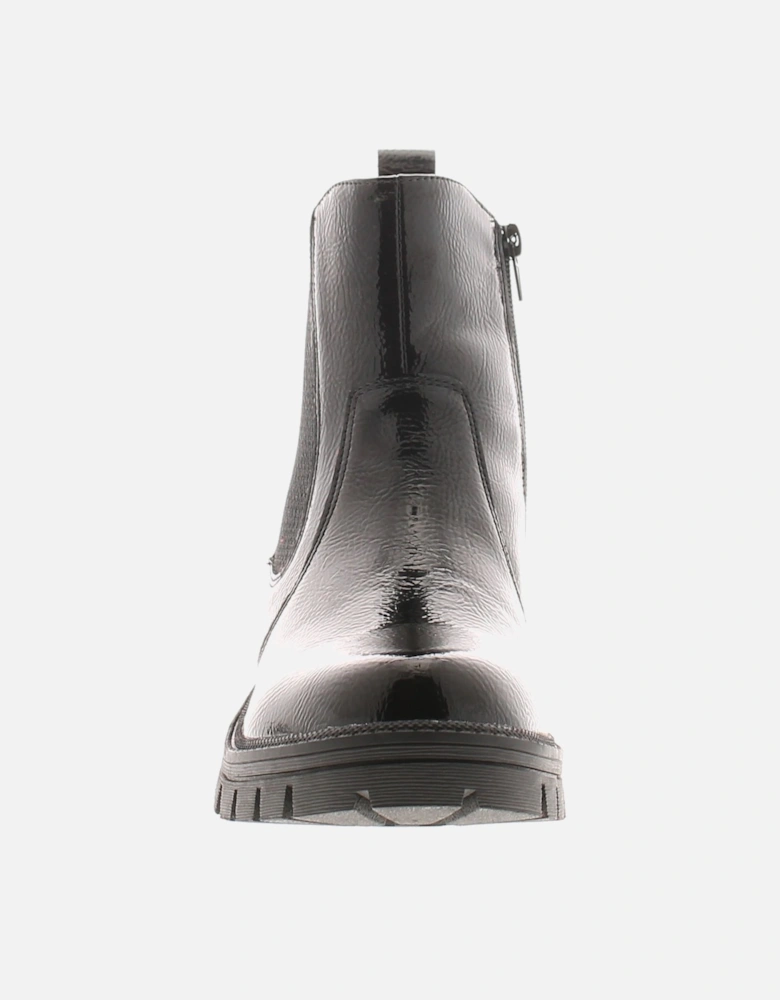 Womens Ankle Boots Elastic Gusset Side Drill Zip Fastening black patent U