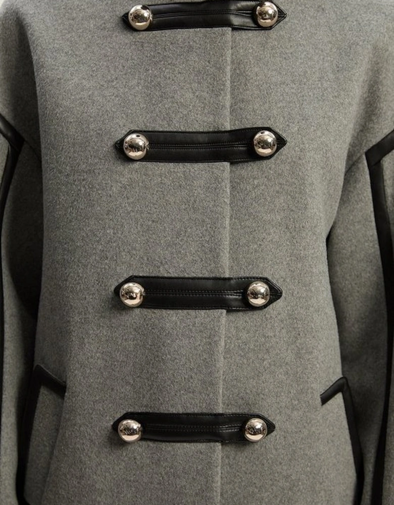 Brushed Wool PU Mix Tailored Collarless Midi Coat