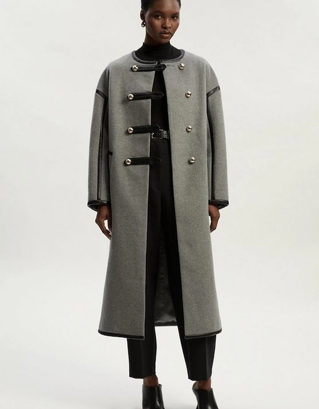 Brushed Wool PU Mix Tailored Collarless Midi Coat, 4 of 3