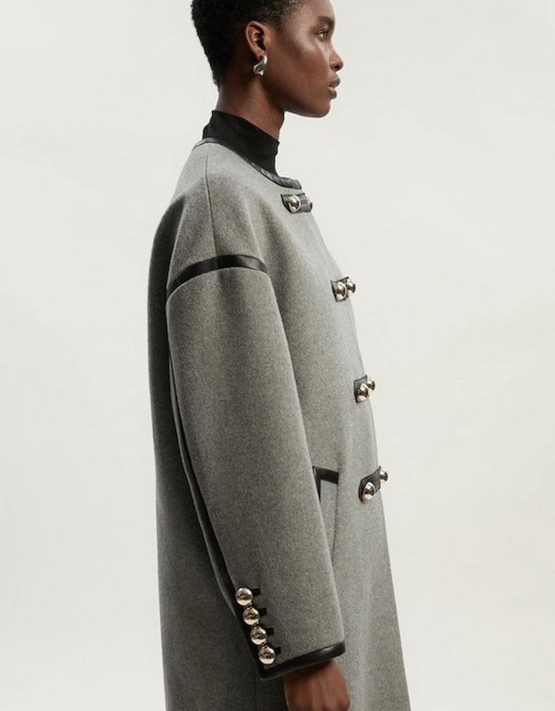 Brushed Wool PU Mix Tailored Collarless Midi Coat