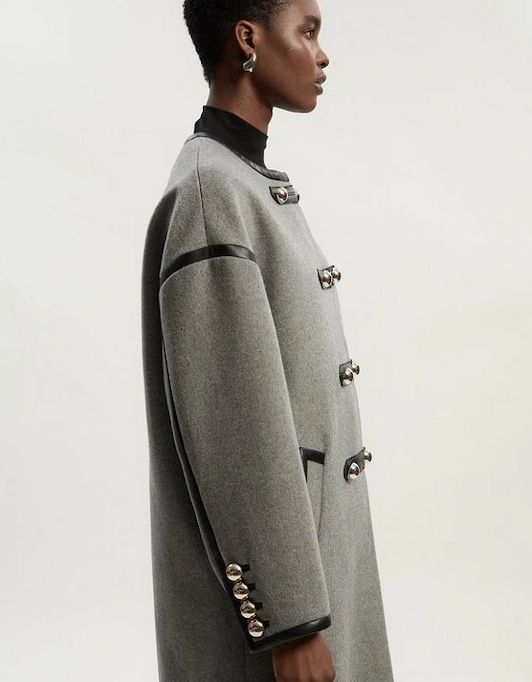 Brushed Wool PU Mix Tailored Collarless Midi Coat
