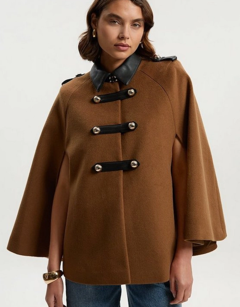 Brushed Wool PU Mix Tailored Cape Short Coat