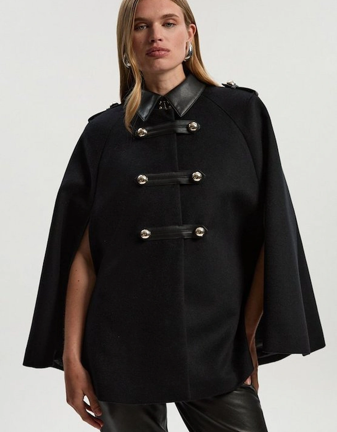 Brushed Wool PU Mix Tailored Cape Short Coat