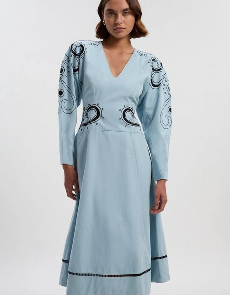 Baroque Embroidered Long Sleeve Twill Woven Midi Dress