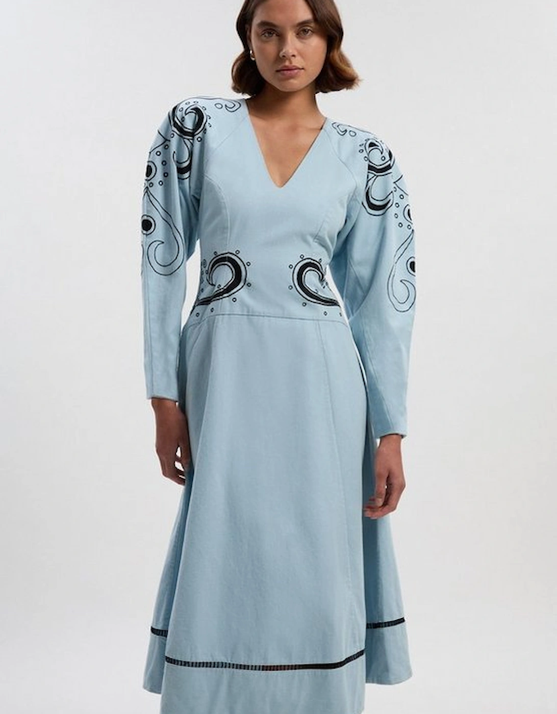 Baroque Embroidered Long Sleeve Twill Woven Midi Dress, 4 of 3