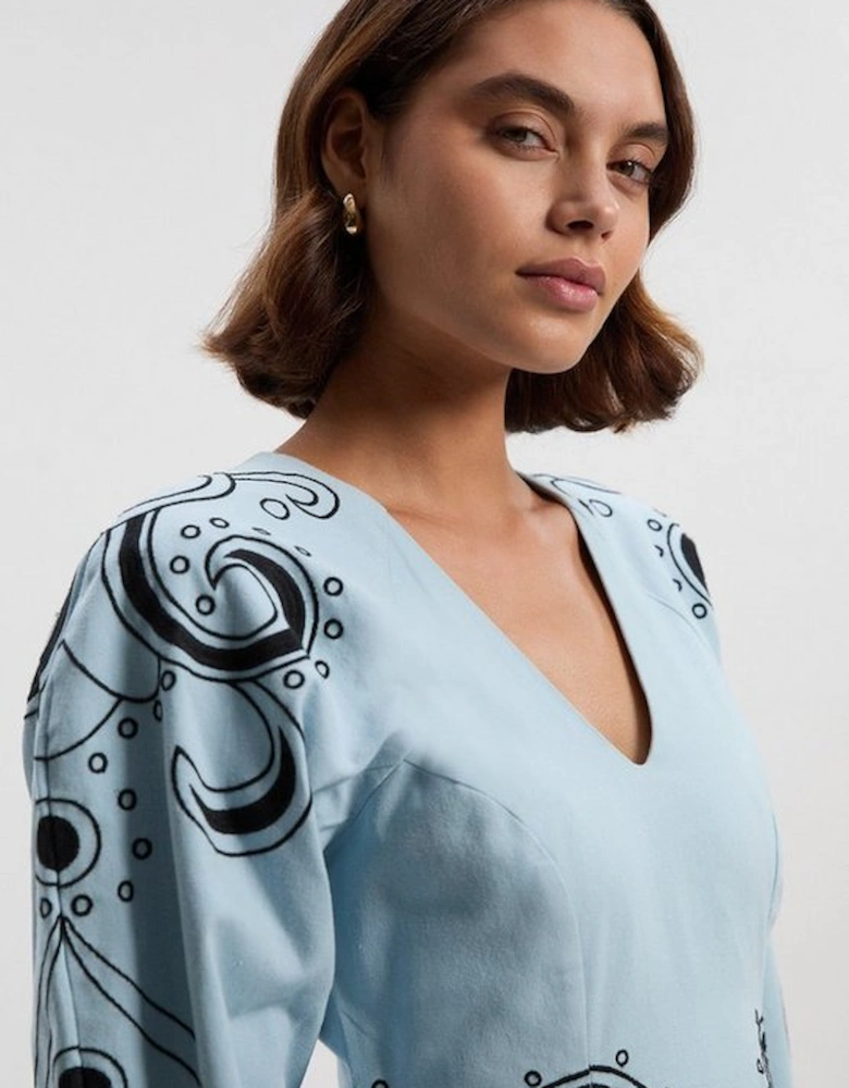 Baroque Embroidered Long Sleeve Twill Woven Midi Dress