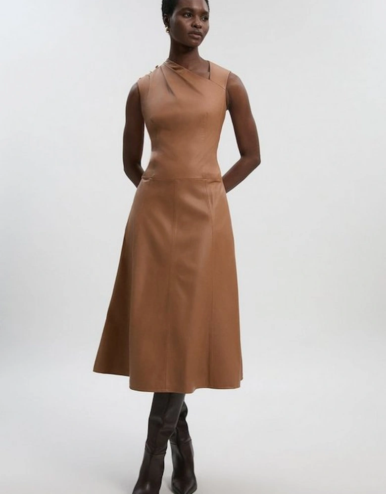 Leather Asymmetric Neck Full Skirt Midi Dress