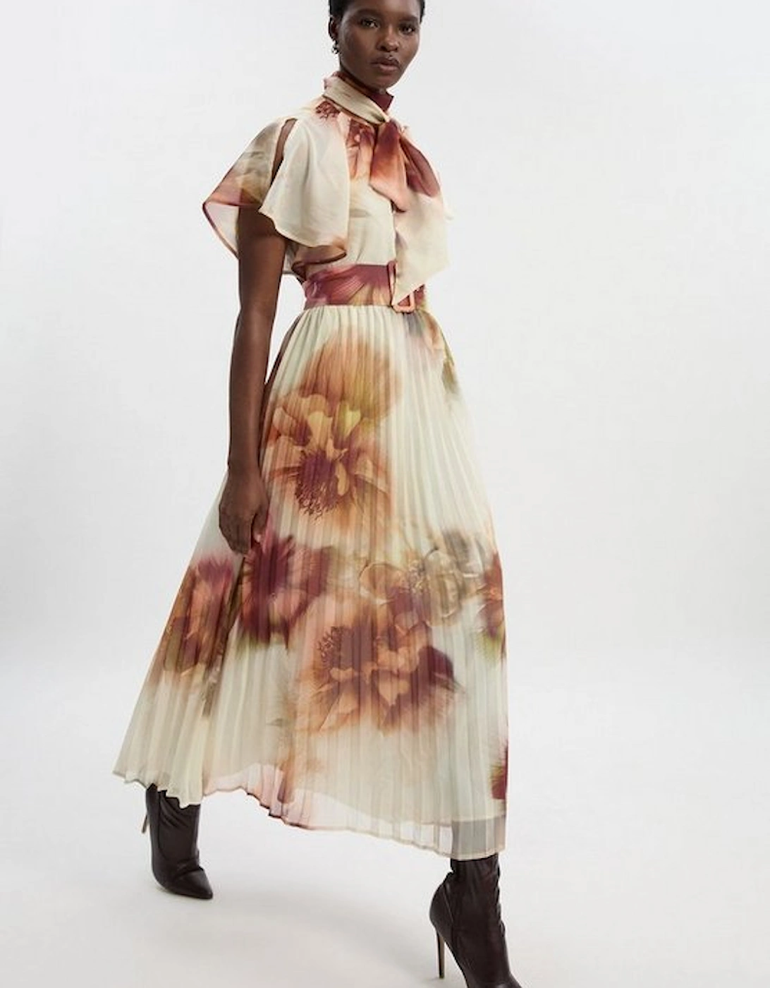 Floral Print Pussy Bow Tie Georgette Belted Woven Midi Dress, 4 of 3