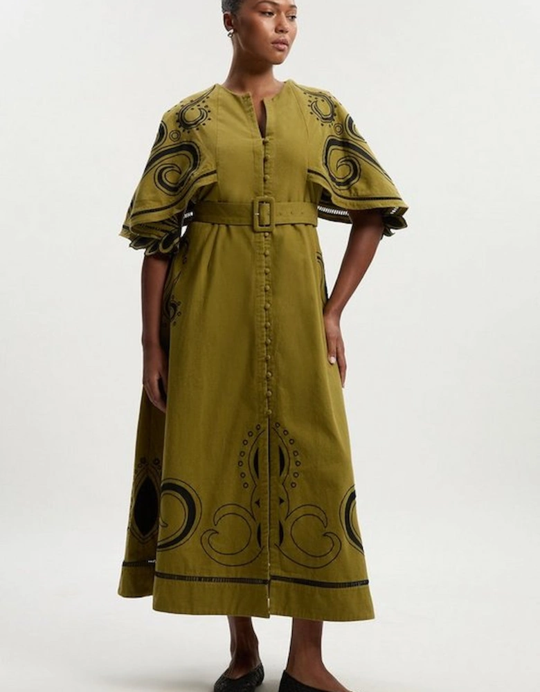 Plus Size Baroque Embroidered Cape Sleeve Twill Woven Maxi Dress