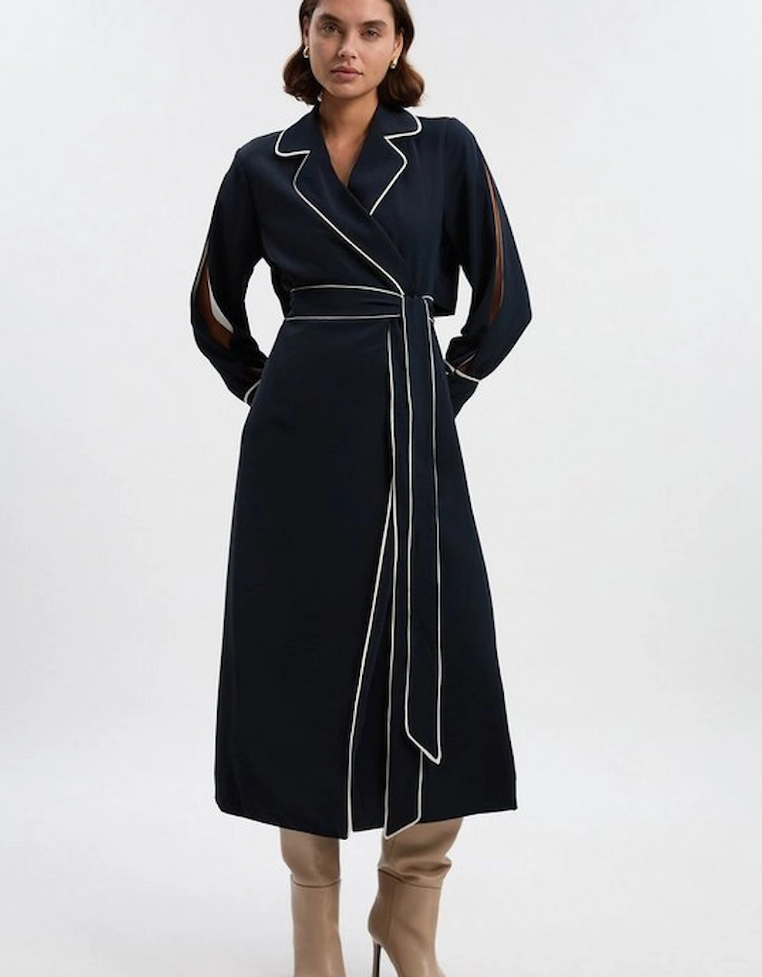 Contrast Tipping Tie Waist Long Sleeve Woven Trench Midi Dress, 4 of 3