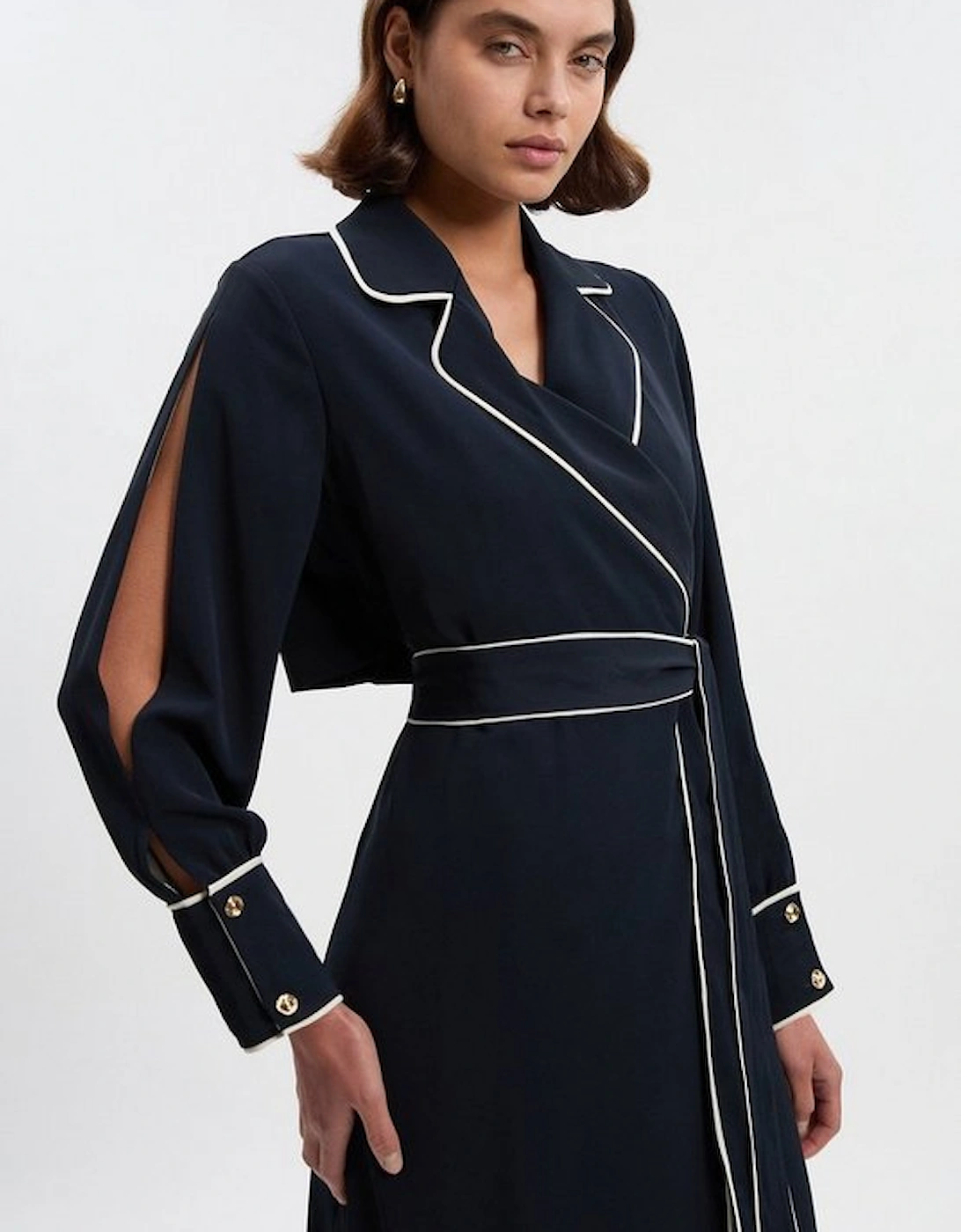 Contrast Tipping Tie Waist Long Sleeve Woven Trench Midi Dress