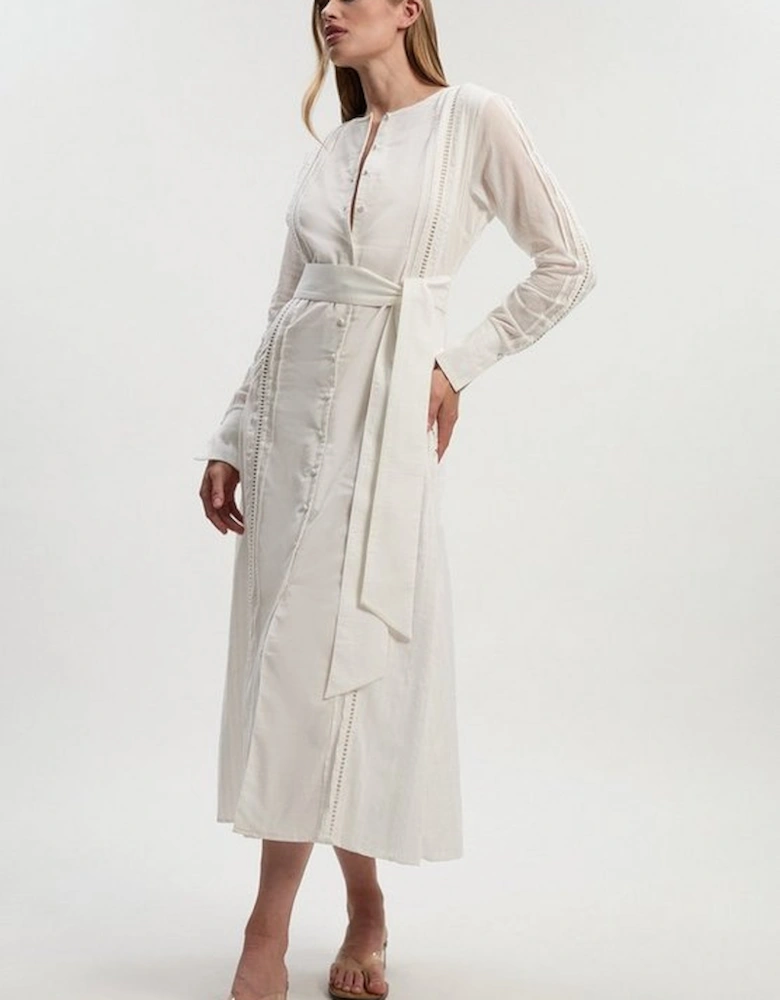 Cotton With Lace Trim Insert Woven Long Sleeve Midi Dress