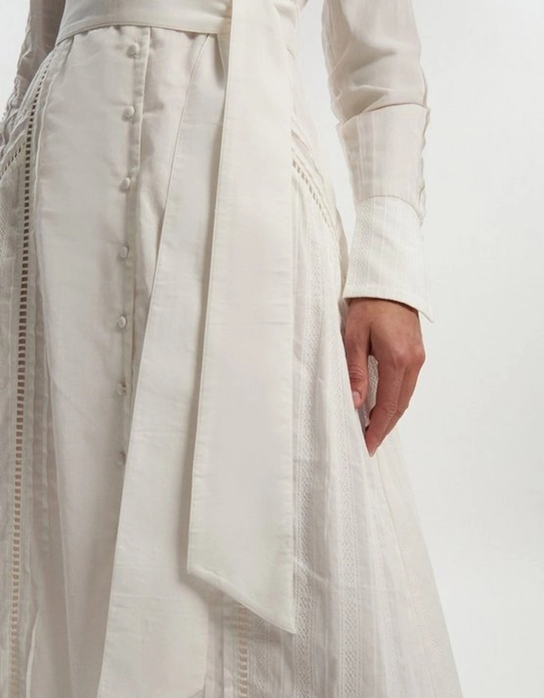 Cotton With Lace Trim Insert Woven Long Sleeve Midi Dress