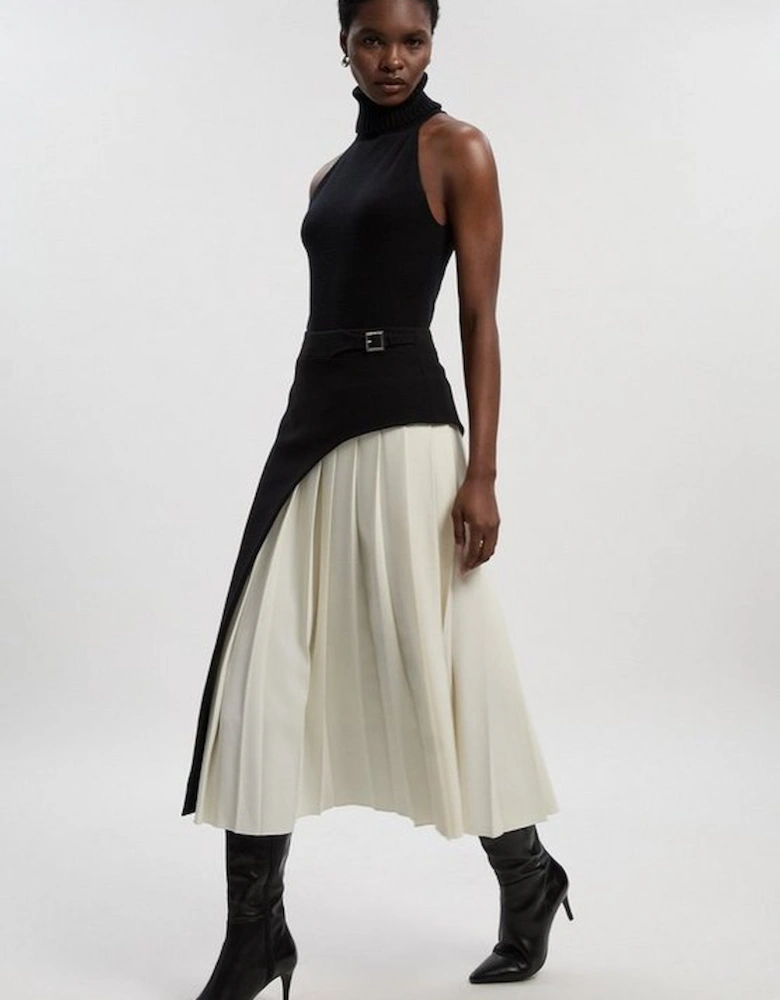 Tailored Buckle Detail Pleated Midi Skirt