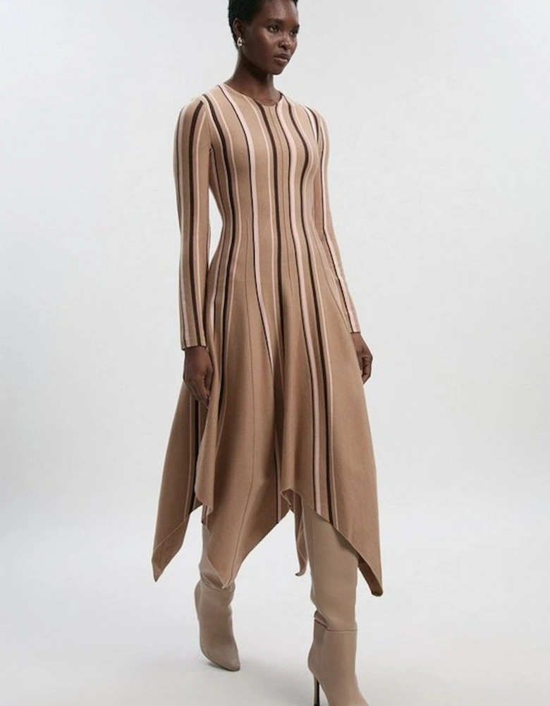 Stripe Viscose Blend Asymmetric Hem Knit Midi Dress