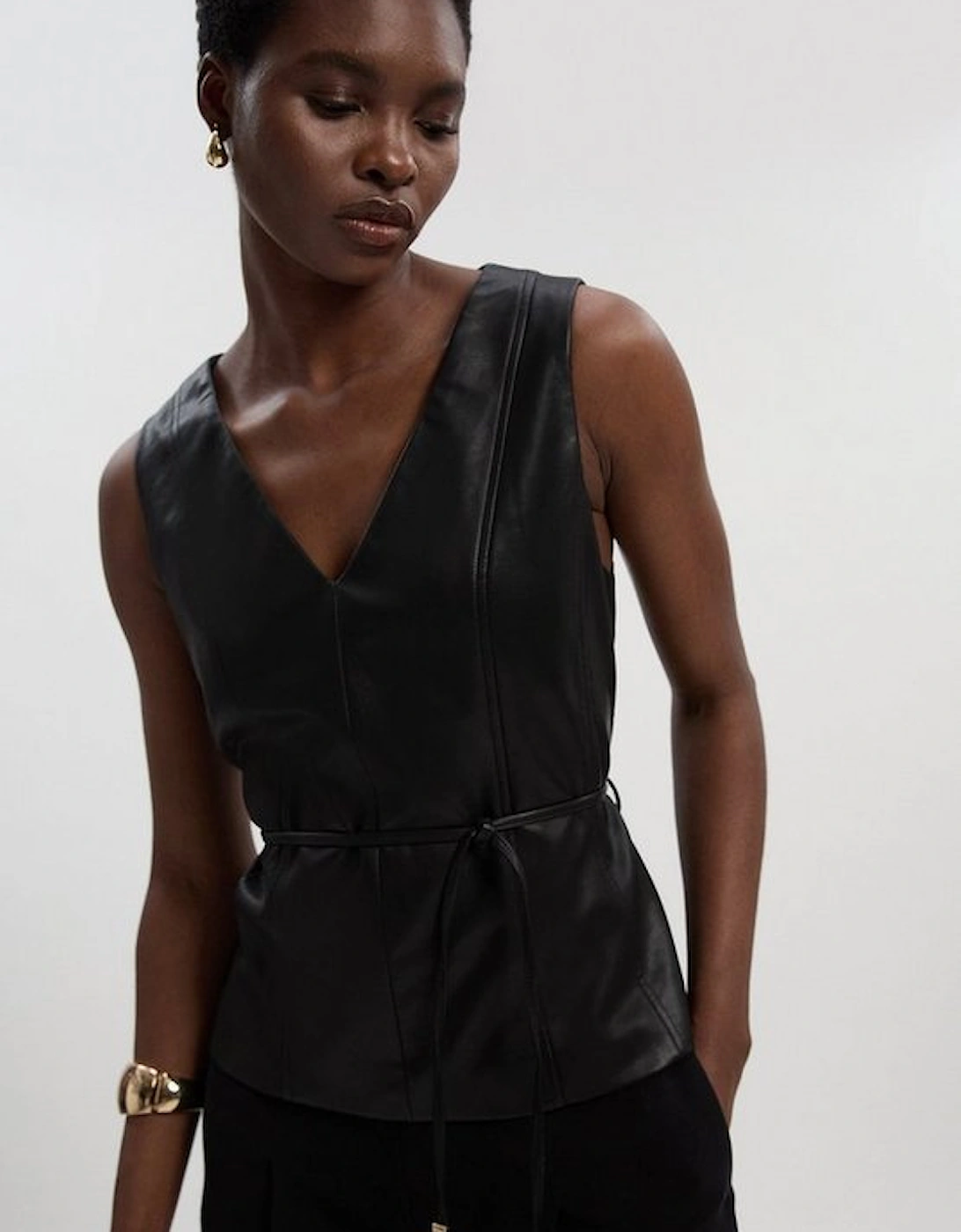 Faux Leather Tie Waist Tailored Top, 2 of 1