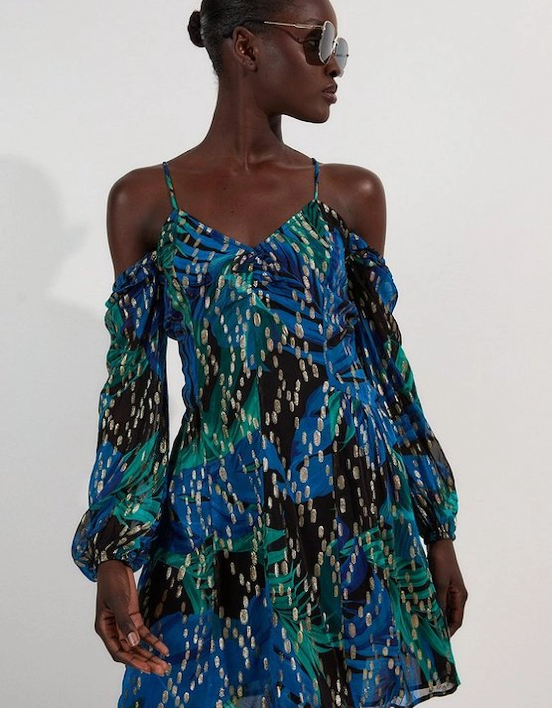Viscose Metallic Palm Print Cold Shoulder Mini Dress, 5 of 4