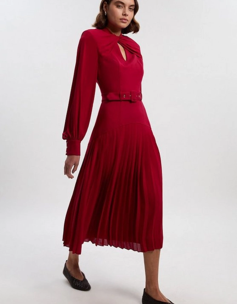 Ponte And Georgette Mix Balloon Sleeve Cut Out Detail Pleated Maxi Dress